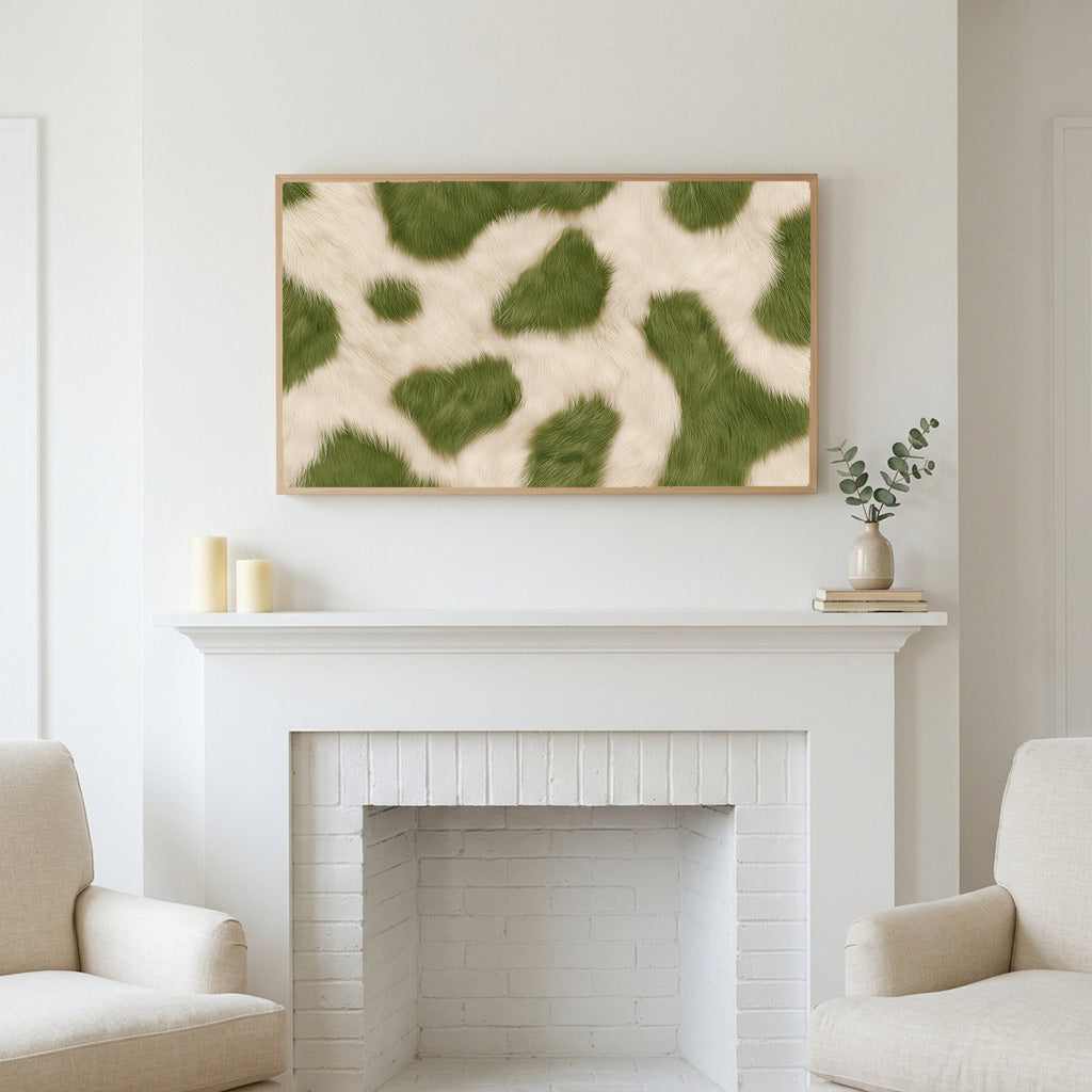 Olive cowhide art above a white fireplace with candles and eucalyptus on the mantel