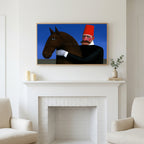 Man in red fez with horse art above a white fireplace with candles and eucalyptus on the mantel