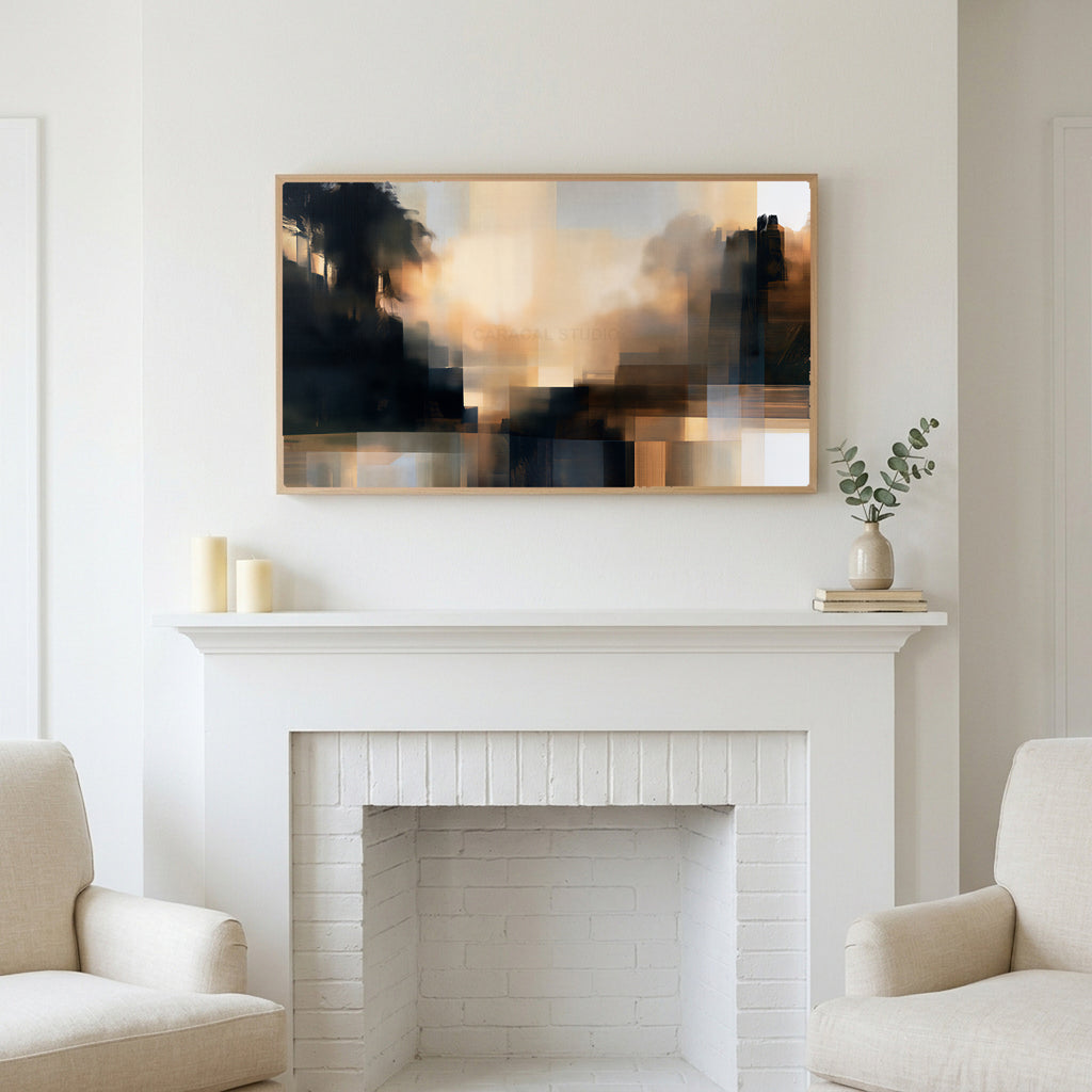 Moody abstract glow art above a white fireplace with candles and eucalyptus on the mantel