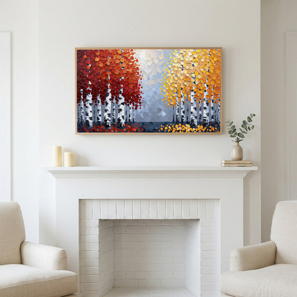 Autumn birch trees art above a white fireplace with candles and eucalyptus on the mantel