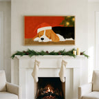 Sleeping beagle art on a TV above a white fireplace with a pine garland and cream stockings