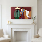 Frame TV art above a white fireplace with candles and eucalyptus on the mantel