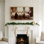Santa at the dinner table art on a TV above a white fireplace with a pine garland and cream stockings