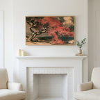 Japanese tree landscape art above a white fireplace with candles and eucalyptus on the mantel