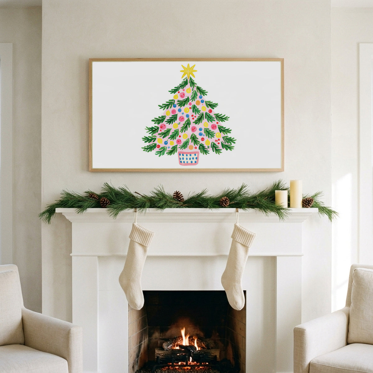 Colorful Christmas tree art on a TV above a white fireplace with a pine garland and cream stockings