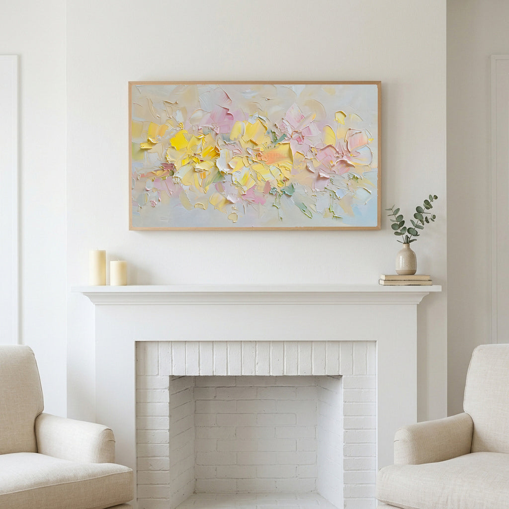 Frame TV art above a white fireplace with candles and eucalyptus on the mantel