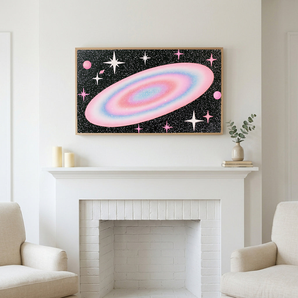 Frame TV art above a white fireplace with candles and eucalyptus on the mantel