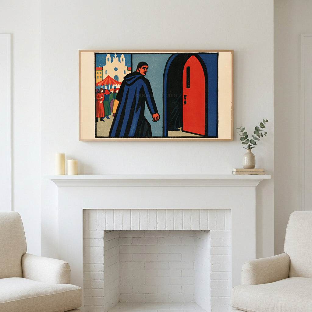 Woodcut monk art above a white fireplace with candles and eucalyptus on the mantel