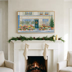 Paris flower shop art on a TV above a white fireplace with a pine garland and cream stockings