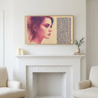 Stipple portrait art above a white fireplace with candles and eucalyptus on the mantel
