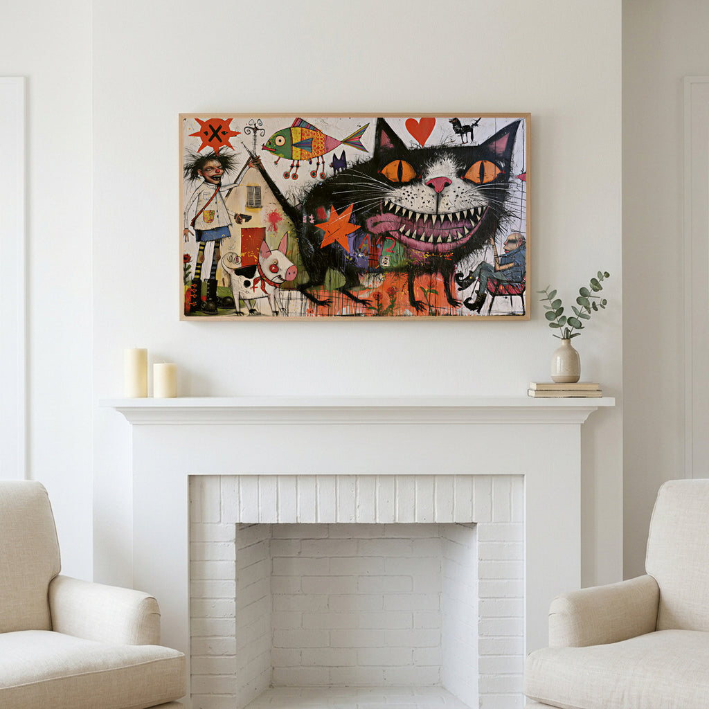 Grinning black cat art above a white fireplace with candles and eucalyptus on the mantel