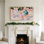 Pastel Christmas ornaments art on a TV above a white fireplace with a pine garland and cream stockings