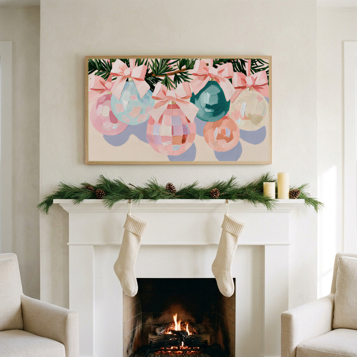 Pastel Christmas ornaments art on a TV above a white fireplace with a pine garland and cream stockings