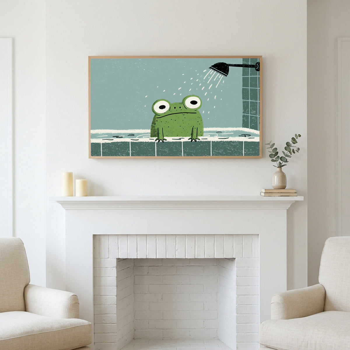 Frame TV art above a white fireplace with candles and eucalyptus on the mantel