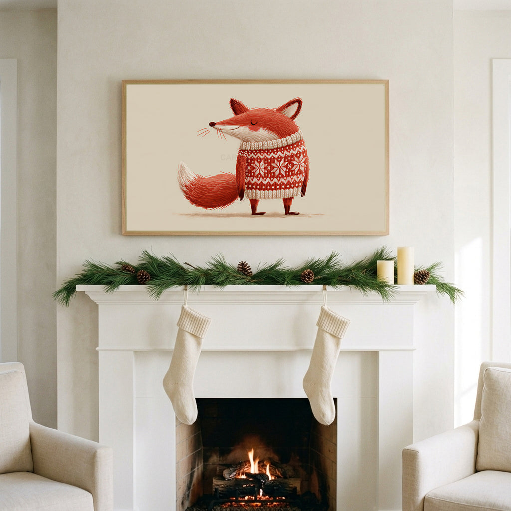 Fox in a holiday sweater art on a TV above a white fireplace with a pine garland and cream stockings