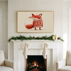 Fox in a holiday sweater art on a TV above a white fireplace with a pine garland and cream stockings