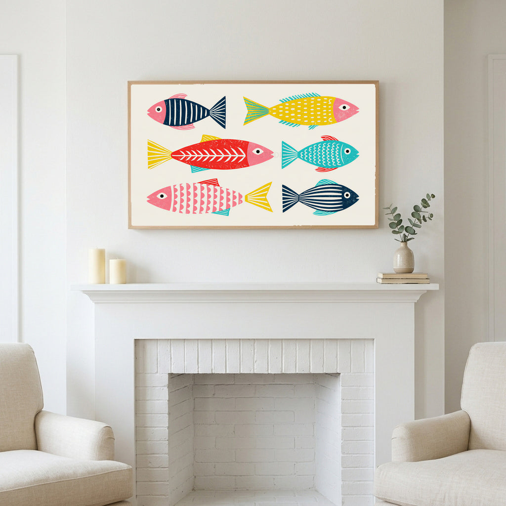Frame TV art above a white fireplace with candles and eucalyptus on the mantel
