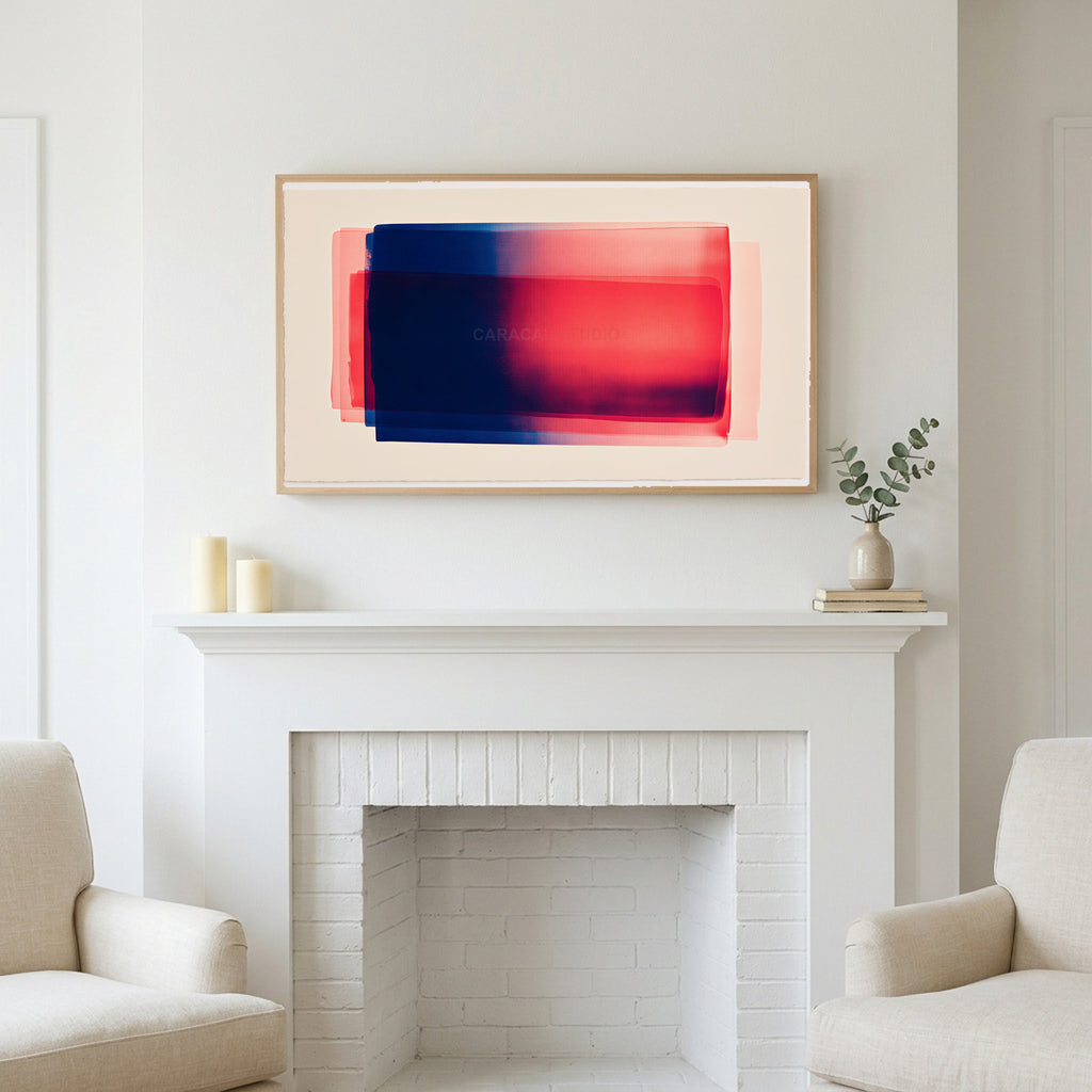 Color field art above a white fireplace with candles and eucalyptus on the mantel