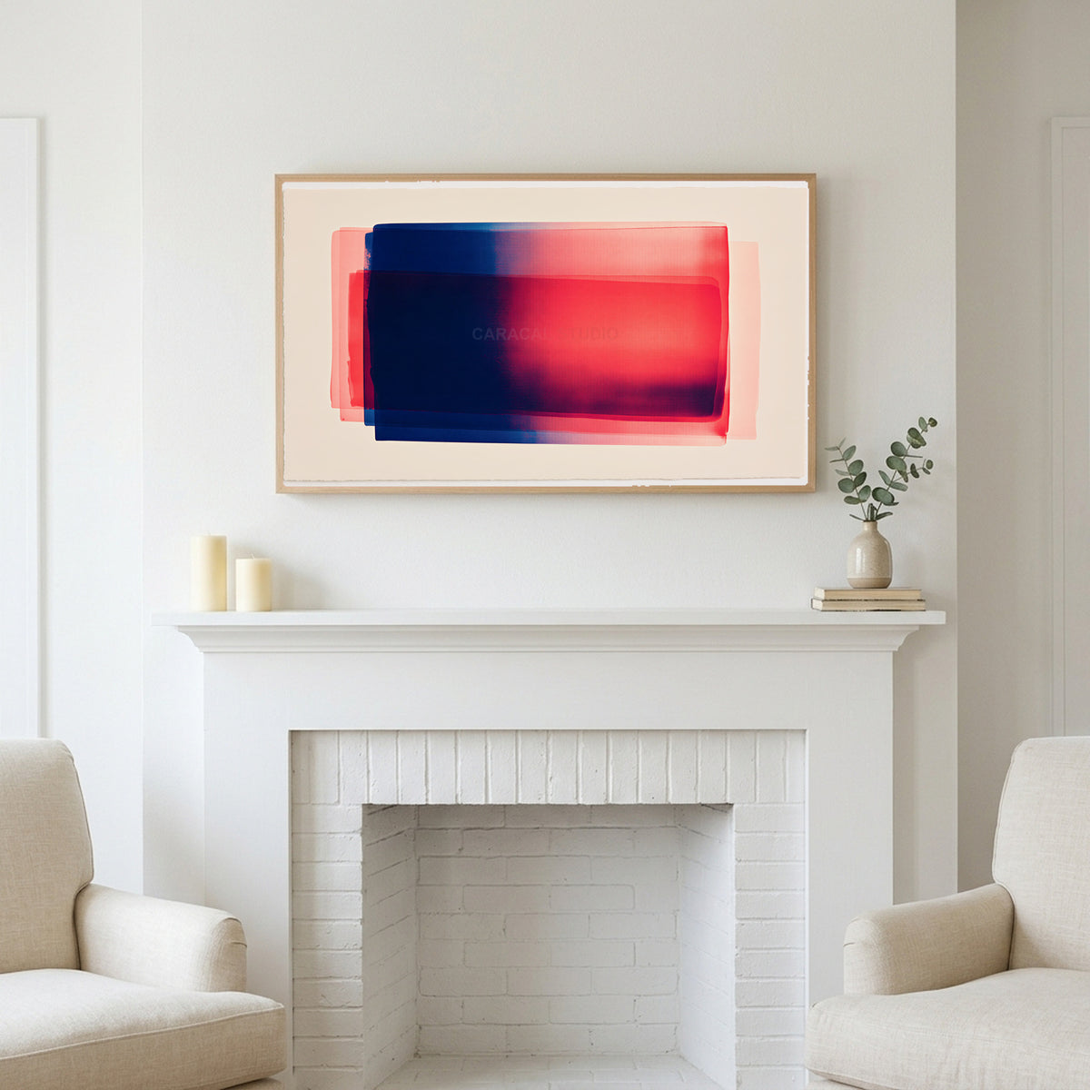 Color field art above a white fireplace with candles and eucalyptus on the mantel