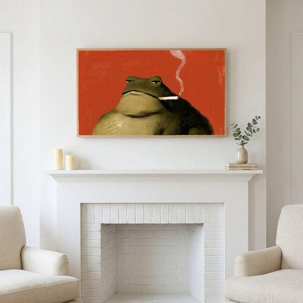 Smoking toad art above a white fireplace with candles and eucalyptus on the mantel