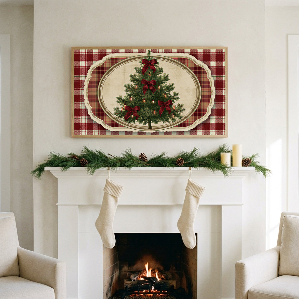 Vintage tree on plaid art on a TV above a white fireplace with a pine garland and cream stockings