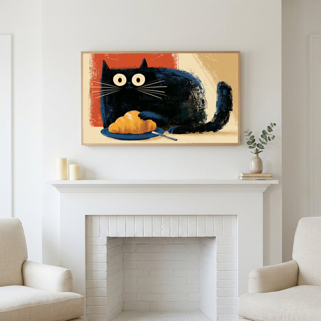Croissant black cat art above a white fireplace with candles and eucalyptus on the mantel
