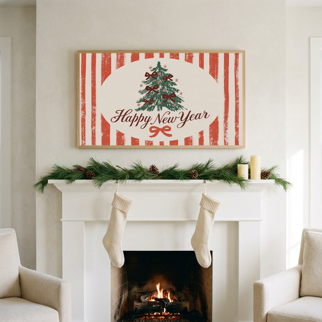 Happy New Year art on a TV above a white fireplace with a pine garland and cream stockings
