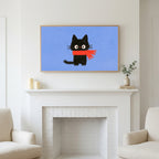 Frame TV art above a white fireplace with candles and eucalyptus on the mantel