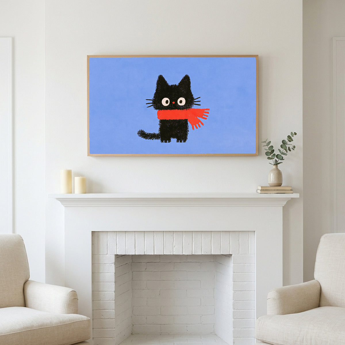 Frame TV art above a white fireplace with candles and eucalyptus on the mantel