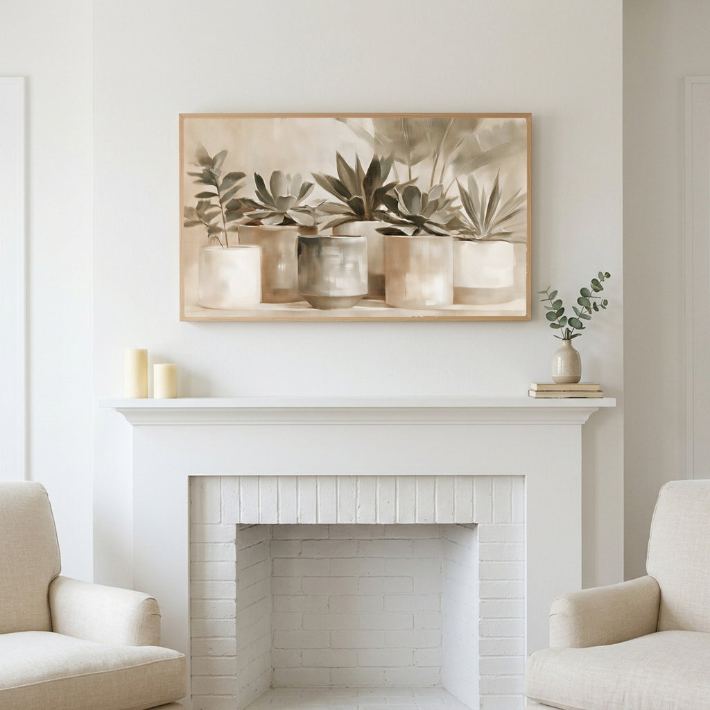 Neutral succulent pots art above a white fireplace with candles and eucalyptus on the mantel