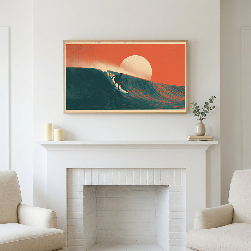 Frame TV art above a white fireplace with candles and eucalyptus on the mantel