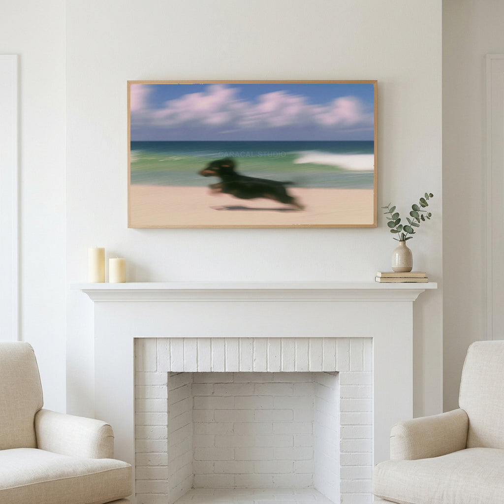 Running beach dachshund art above a white fireplace with candles and eucalyptus on the mantel