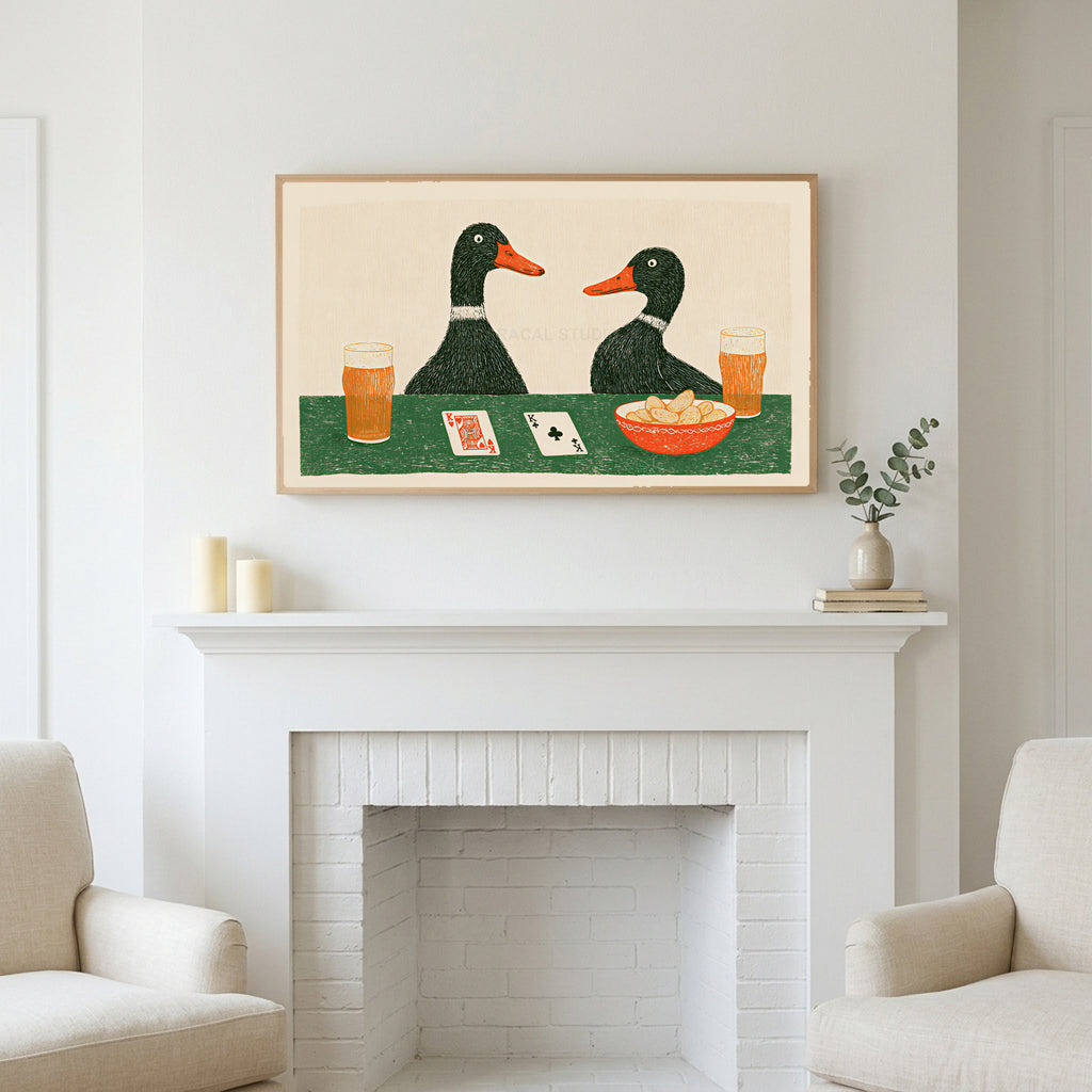 Ducks playing poker art above a white fireplace with candles and eucalyptus on the mantel