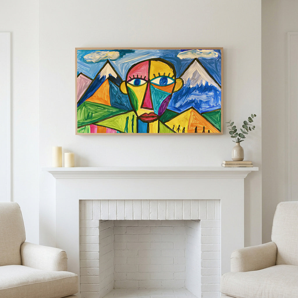Color block face art above a white fireplace with candles and eucalyptus on the mantel