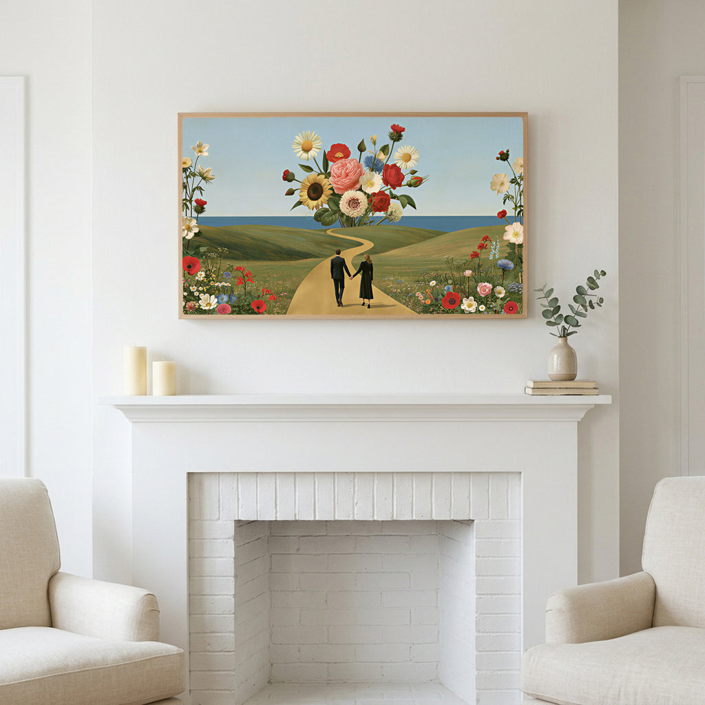 Flower collage art above a white fireplace with candles and eucalyptus on the mantel