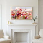 Pink wildflower meadow art above a white fireplace with candles and eucalyptus on the mantel