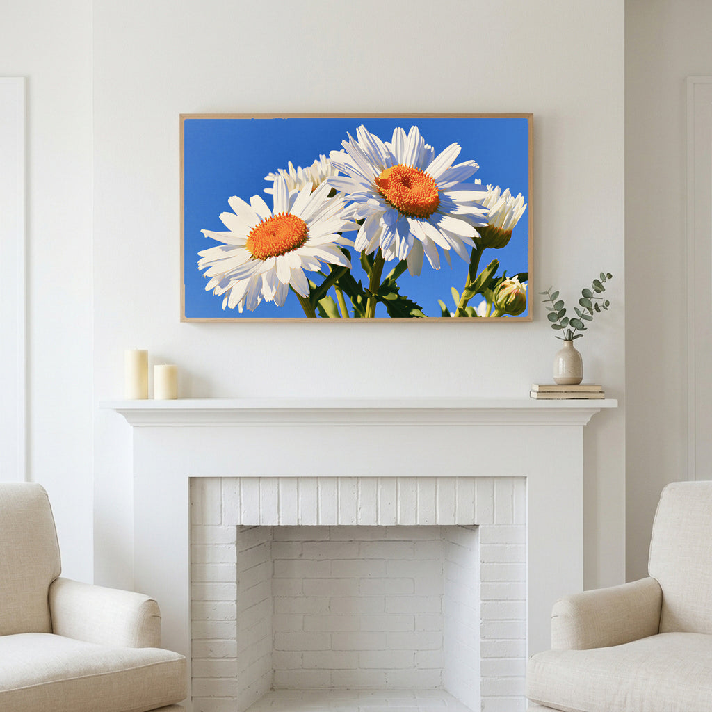 Daisy art above a white fireplace with candles and eucalyptus on the mantel