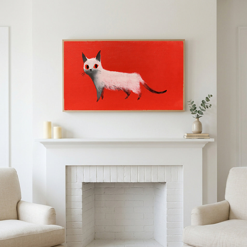 Frame TV art above a white fireplace with candles and eucalyptus on the mantel