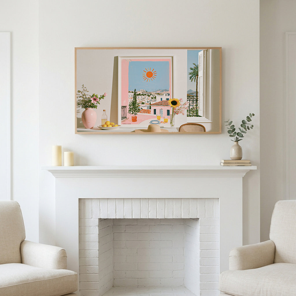 Athens summer still life art above a white fireplace with candles and eucalyptus on the mantel