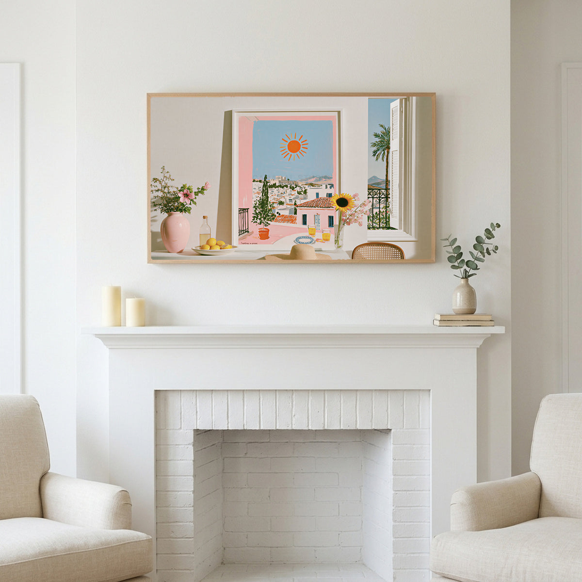 Athens summer still life art above a white fireplace with candles and eucalyptus on the mantel