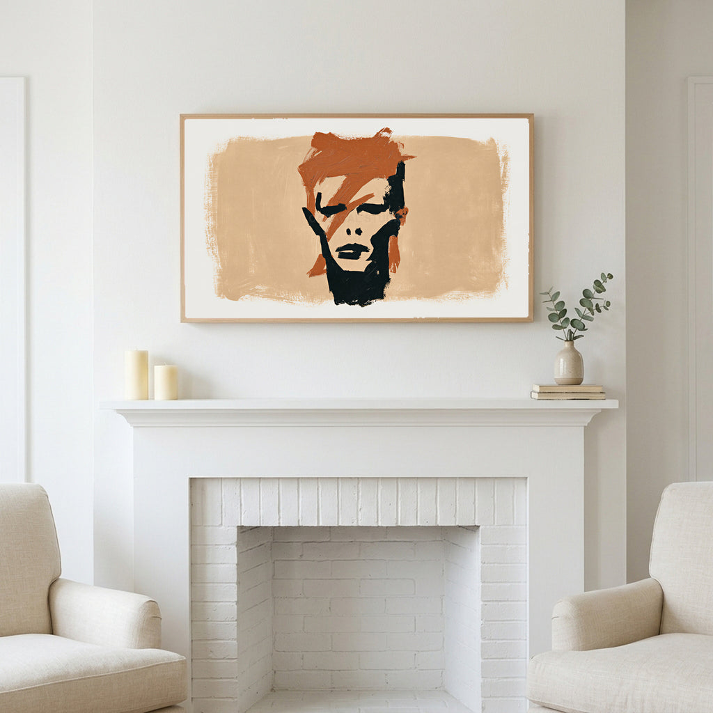 Lightning bolt portrait art above a white fireplace with candles and eucalyptus on the mantel