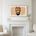 Lightning bolt portrait art above a white fireplace with candles and eucalyptus on the mantel