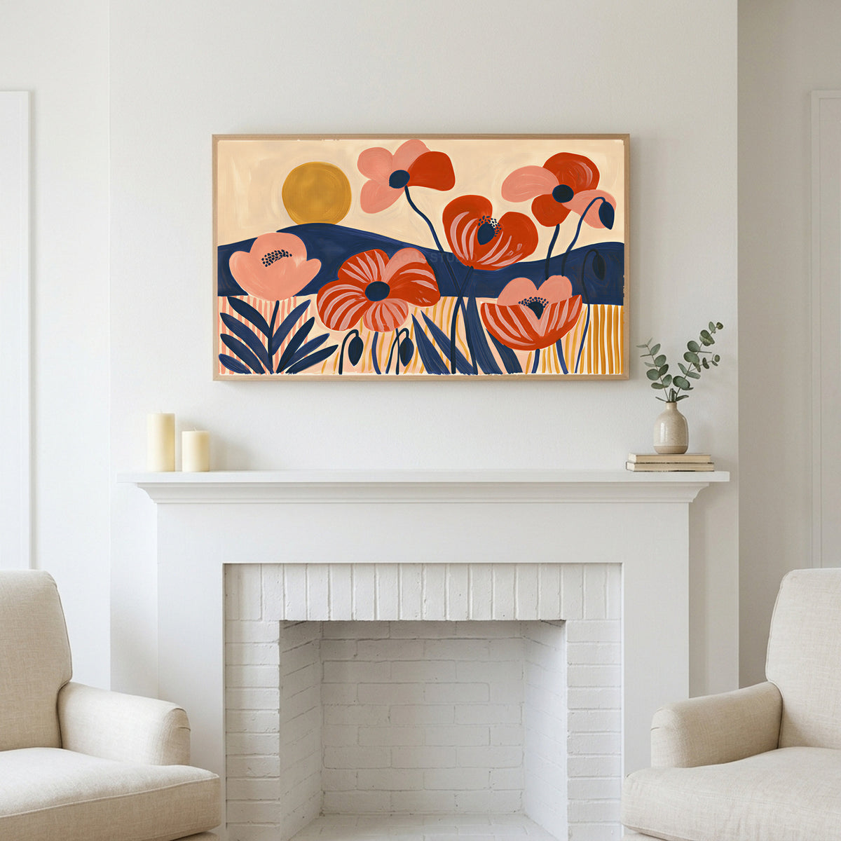 Mid century poppies art above a white fireplace with candles and eucalyptus on the mantel