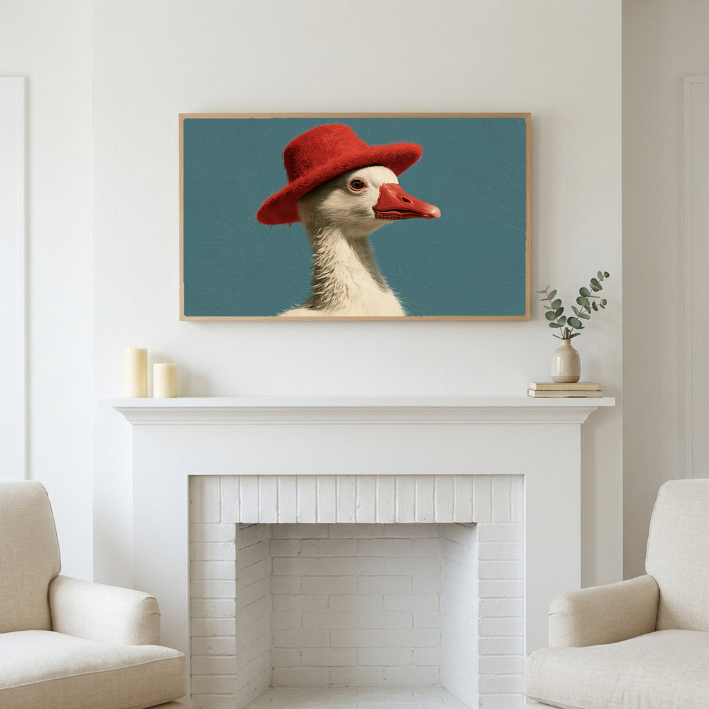 Duck in a red hat art above a white fireplace with candles and eucalyptus on the mantel