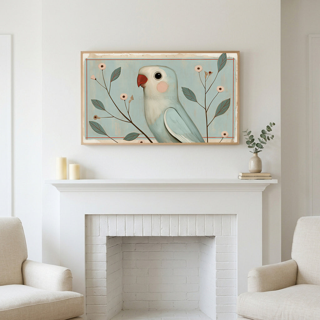 Vintage blue parrot art above a white fireplace with candles and eucalyptus on the mantel