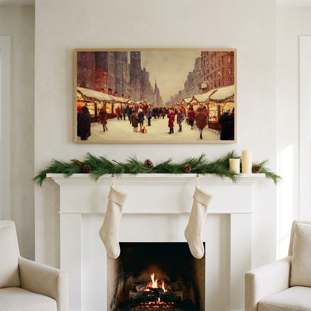 New York holiday market art on a TV above a white fireplace with a pine garland and cream stockings