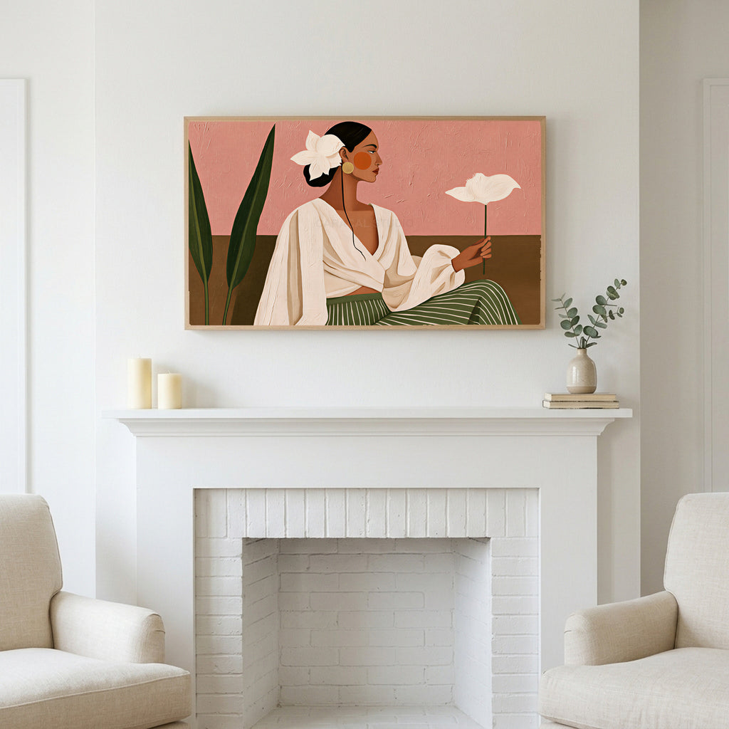 Woman with white flower art above a white fireplace with candles and eucalyptus on the mantel