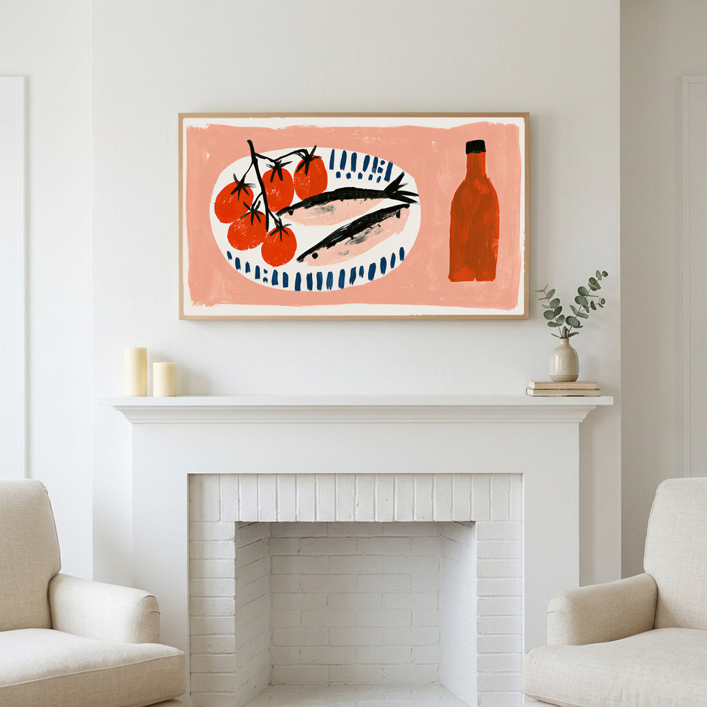 Sardines and tomatoes art above a white fireplace with candles and eucalyptus on the mantel