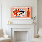 Sardines and tomatoes art above a white fireplace with candles and eucalyptus on the mantel