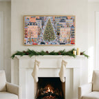 Snowy city street with a big tree art on a TV above a white fireplace with a pine garland and cream stockings